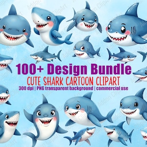 Cute Blue Shark Watercolor Clipart Illustration Cartoon PNG Bundle Printable Nursery Animal Digital Download Image Pack Commercial Use C049