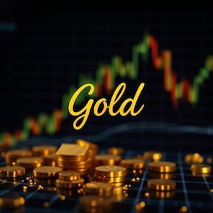 May include: A close-up of gold coins scattered on a black grid surface. The word "Gold" is written in yellow cursive letters against a blurred background of a green and red stock chart.