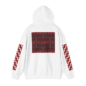 May include: White hooded sweatshirt with red and white wave pattern on the sleeves and a red graphic on the back that says "SIRR SIRR SIRR SIRR" in a pixelated font.