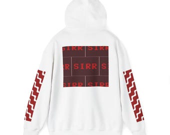 May include: White hooded sweatshirt with red and white wave pattern on the sleeves and a red graphic on the back that says "SIRR SIRR SIRR SIRR" in a pixelated font.