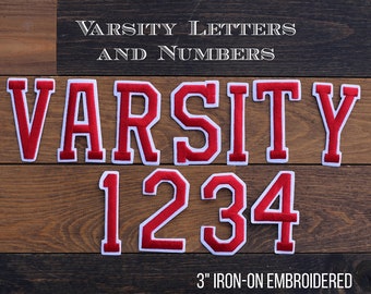 3" Red Varsity Embroidered Iron-On Letters and Numbers