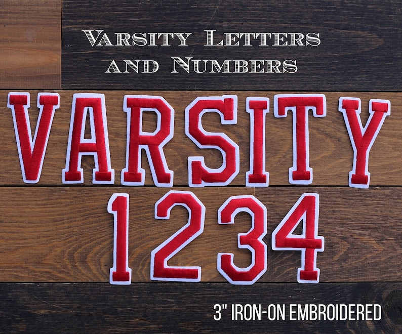 3 Red Varsity Embroidered Iron-On Letters and Numbers image 1