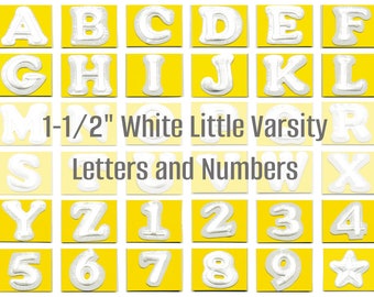 1-1/2" White Iron-On Embroidered Little Varsity Letters, Numbers and Stars for Personalizing Wearable Crafts