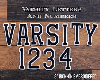 3" Black Embroidered Iron-On Varsity Letters and Numbers