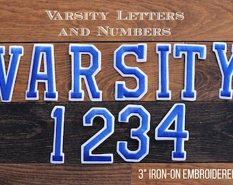 3" Blue Embroidered Iron-On Varsity Letters and Numbers