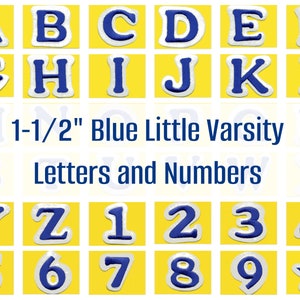 May include: Blue and white felt letters and numbers on a yellow background. The letters are 1-1/2 inches tall and are perfect for adding a personal touch to crafts, clothing, and more.