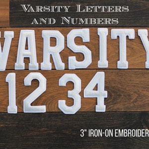 3" White Embroidered Iron-On Varsity Letters and Numbers