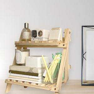 2-Tier Space-Saving Stationery Wooden Desktop Organizer – Foldable Storage Shelf for Desk, Kitchen and Bedroom, Keeping Things Neat