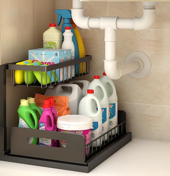 Organizer Sottolavello Estraibile A 2 Livelli, Altezza Regolabile 41-48,5 Cm, In Acciaio Carbonio, Per Cucina E Bagno, Nero