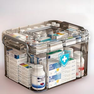 May include: A clear, transparent first aid box filled with various medications and medical supplies. The box has a metal handle and a latch closure. The contents include pill bottles, boxes of medicine, and other medical essentials.