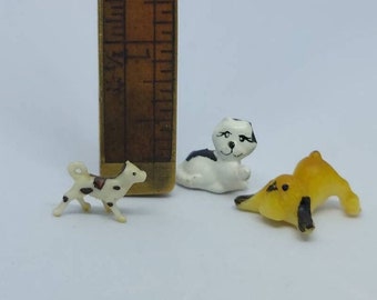 Three Tiny Plastic Animals Miniature Figurines for Crafting or Shadowbox Dog, Cat, and Calf