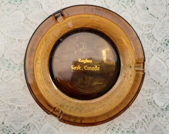 Vintage Regina, Saskatchewan Souvenir Ashtray Amber Glass with Picture Canada