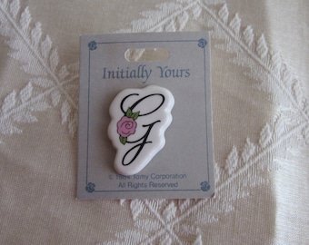 Letter G with Pink Rose Vintage 80s Ceramic Initial Brooch Pin