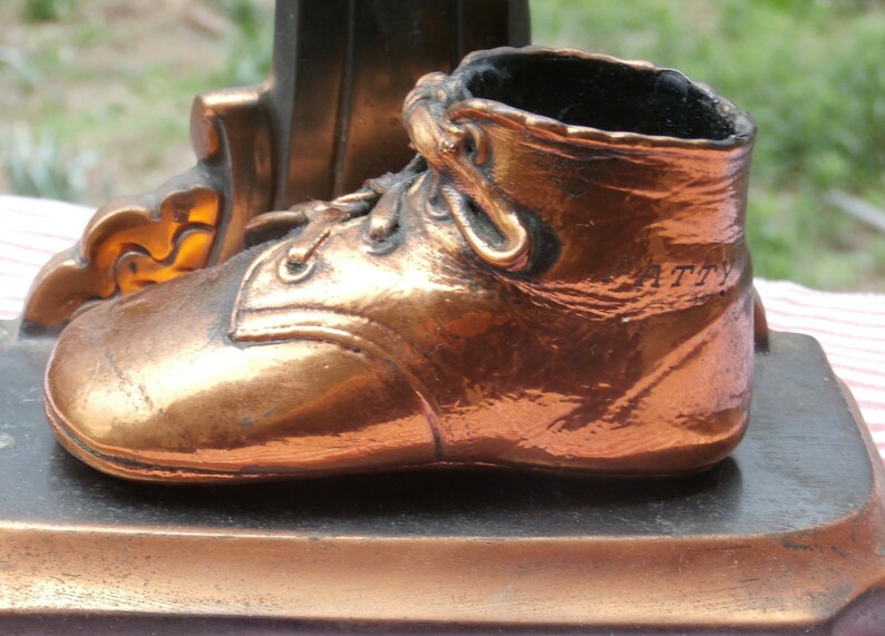 Sweet Bronzed Baby Shoe Bookend Engraved PATTY Makes a Cute Baby Shower Centerpiece or Nursery Decor image 3