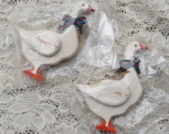 2 Vintage Wooden Geese Christmas Ornaments White Goose Decoration Lot