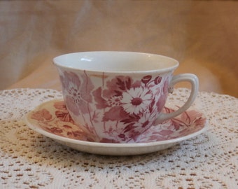 Gay Day by Wood & Sons Cup and Saucer Red or Pink Transferware Made in England Wildflowers Poppies and More