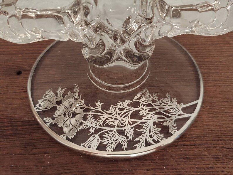 Vintage Glass Double Candle Holders Silver Etched Flower Design image 6