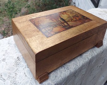 Sweet Old Wooden Jewelry Box Gold Painted w Scene on Top