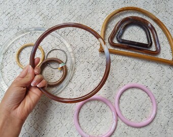 10 Vintage Purse Handles, Handbag Handles, or Macrame Rings Plastic Rattan and Metal Craft Supplies