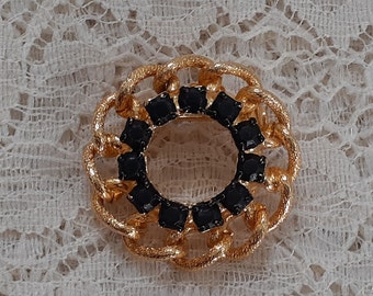 Wreath Circle Brooch, Vintage Gold Toned with Black Rhinestones Sweet and Simple Pin