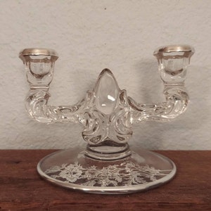 Vintage Glass Double Candle Holders Silver Etched Flower Design image 1