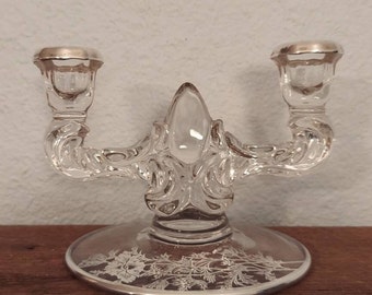 Vintage Glass Double Candle Holders Silver Etched Flower Design