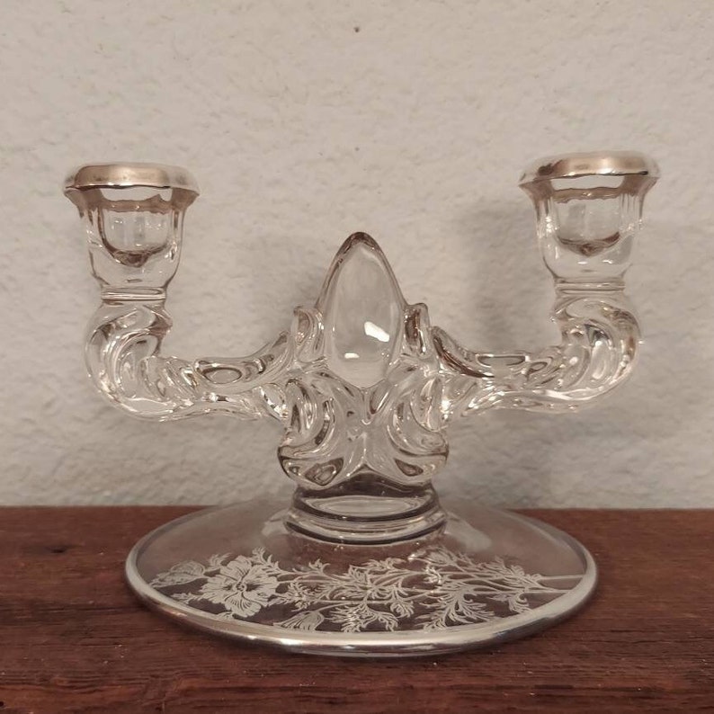 Vintage Glass Double Candle Holders Silver Etched Flower Design image 1