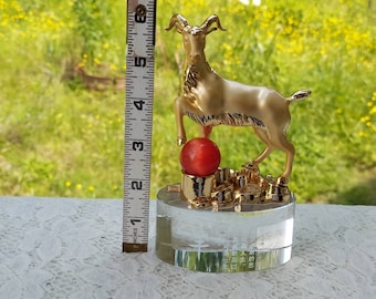 Vintage Year of Goat or Ram Paperweight, Nice Chinese Zodiac Collectible Glass and Metal