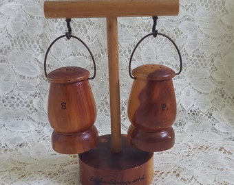 Wooden Souvenir Hanging Salt and Pepper Shakers, Eureka Springs Arkansas, Wood AR Collectible