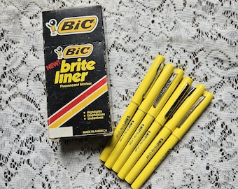Vintage 80s Bic Highlighters Partial Box Yellow Brite Liners in Box