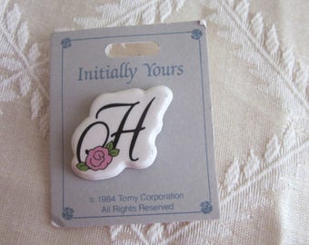 Vintage Initial H Pin Brooch Ceramic with Pink Rose 1984