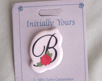Letter B Brooch with Red Rose Vintage 80s Ceramic Initial Pin