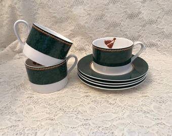 Vintage Hallmark Holiday Abundance Cups and Saucers by Sakura in Green