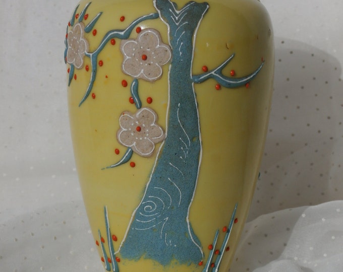 Small Yellow Vase With Cherry Tree and Blossoms Vintage Japan Etsy