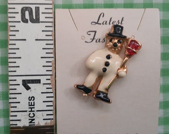 Vintage Frosty Snowman Christmas Brooch or Pin Enamel on Metal Cute Winter Treasure