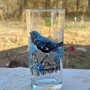 Vintage Blue Warbler Tumbler Mid Century Ann Page Peanut Butter Glass with Bird Design