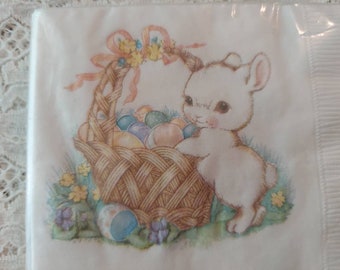 Vintage Easter Napkins, Hallmark Napkin Package of 16, 1980s era Cute Baby Bunny and Basket