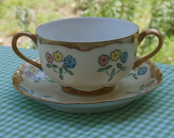Antique Haviland France Cream Soup Cup and Saucer Limoges Bowl Pretty Flower Design