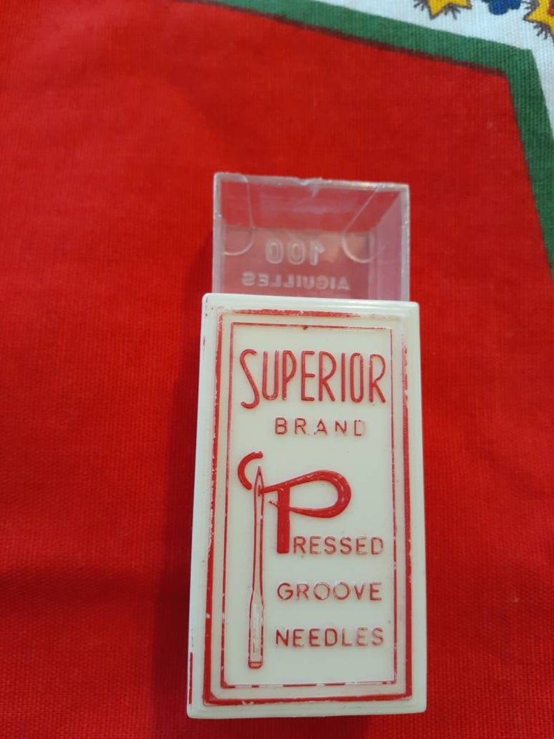 Plastic Superior Brand Needle Case, Vintage Red and White Container, Old Sewing Advertising Collectible Box image 4