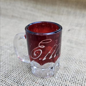 Antique Ruby Flash Glass Mini Mug: E.M.H. Initials, Early 1900s