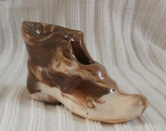 Juanita Ware Shoe Figurine Vintage brown and cream colored clay figure Vase or Small Planter