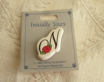 Ceramic Letter N Initial Pin Brooch Vintage 1980s with Red Flower
