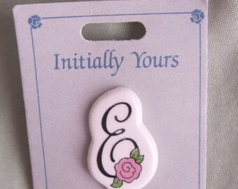 Letter E Vintage 1980s Ceramic Initial Brooch Pin with Pink Rose New Old Stock Still on Card