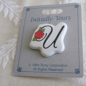 Letter U with Red Rose Initial Pin Brooch Vintage 1980s