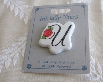 Letter U with Red Rose Initial Pin Brooch Vintage 1980s