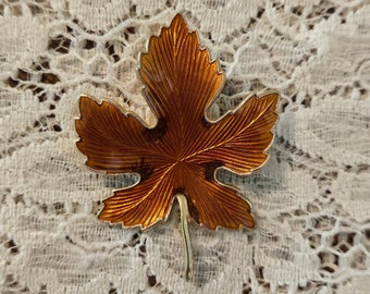 Vintage Enamel Leaf Brooch or Pin Brown Guilloche Style Enamel