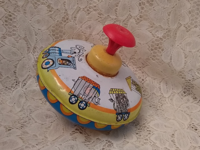 Vintage Metal Spinning Top Ohio Art Tin Train Top Made in the USA