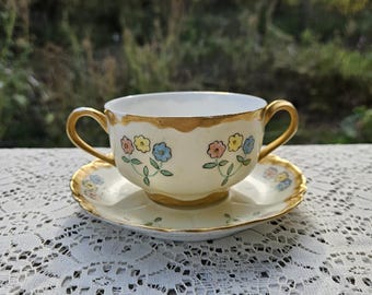 Antique Haviland France Cream Soup Cup and Saucer Limoges Bowl Pretty Flower Design