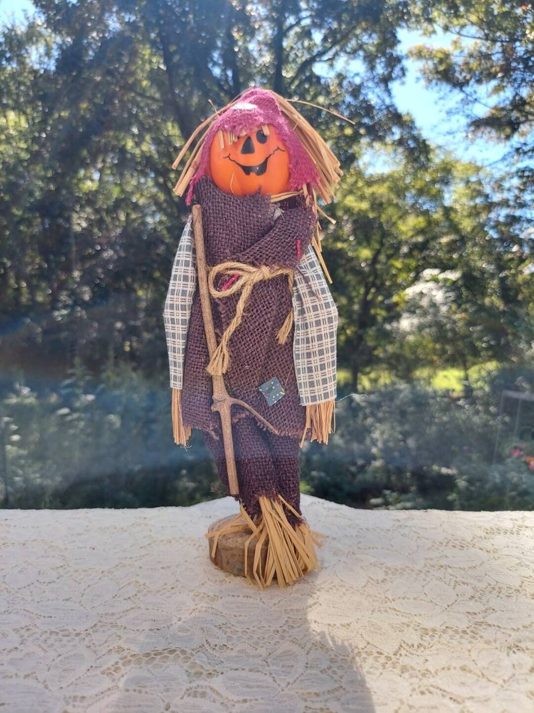 Vintage Halloween Scarecrow Jack O Lantern Head Figurine Straw and Wood ...