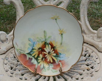 E W Donath Yellow Flowers Hand Painted Plate, Artist Signed